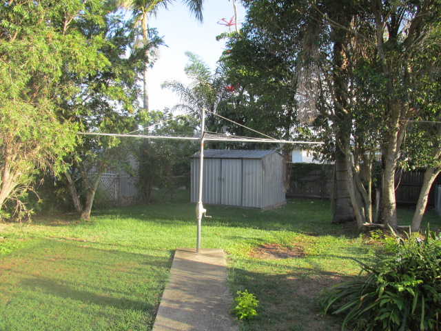 Backyard area in Brisbane with clothes line and shed